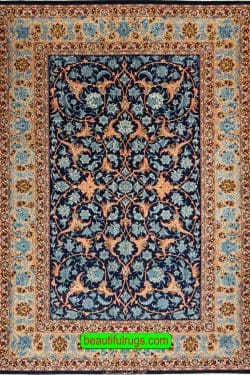 Old Persian Isfahan wool and rug in navy blue color. Size 4.7x7