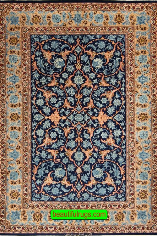Old Persian Isfahan wool and rug in navy blue color. Size 4.7x7