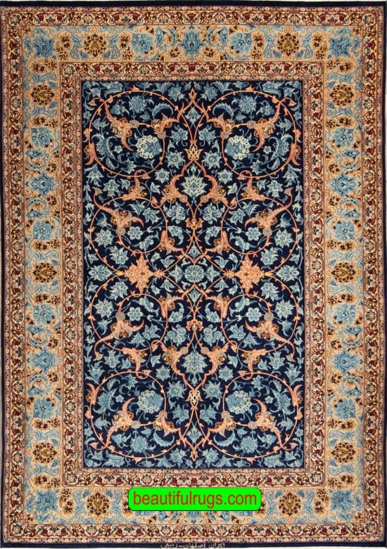 Old Persian Isfahan wool and rug in navy blue color. Size 4.7x7