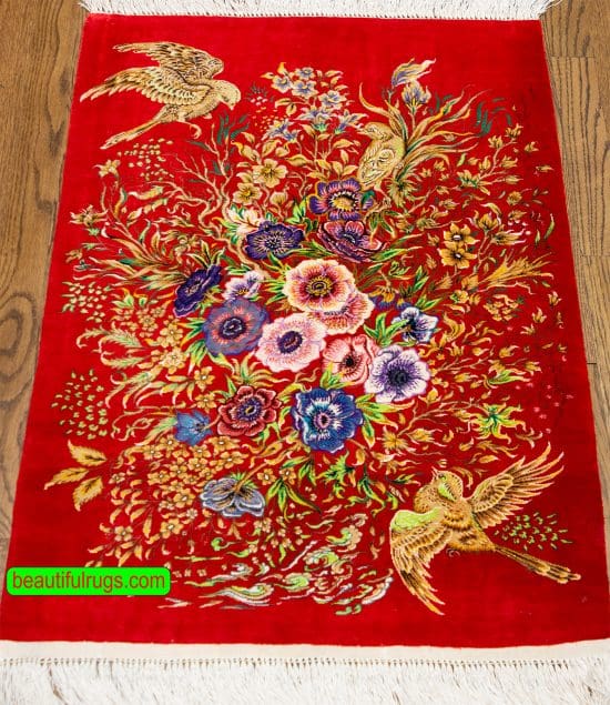 Red color pure silk Persian Qum rug with birds and flowers. Size 2x3