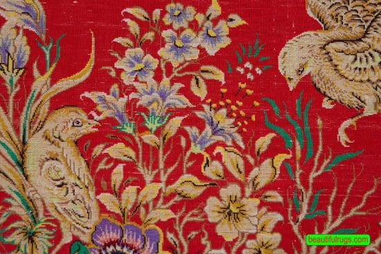 Red color pure silk Persian Qum rug with birds and flowers. Size 2x3