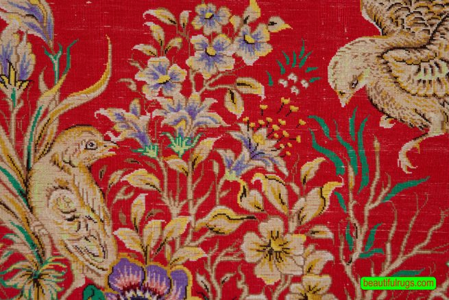 Red color pure silk Persian Qum rug with birds and flowers. Size 2x3