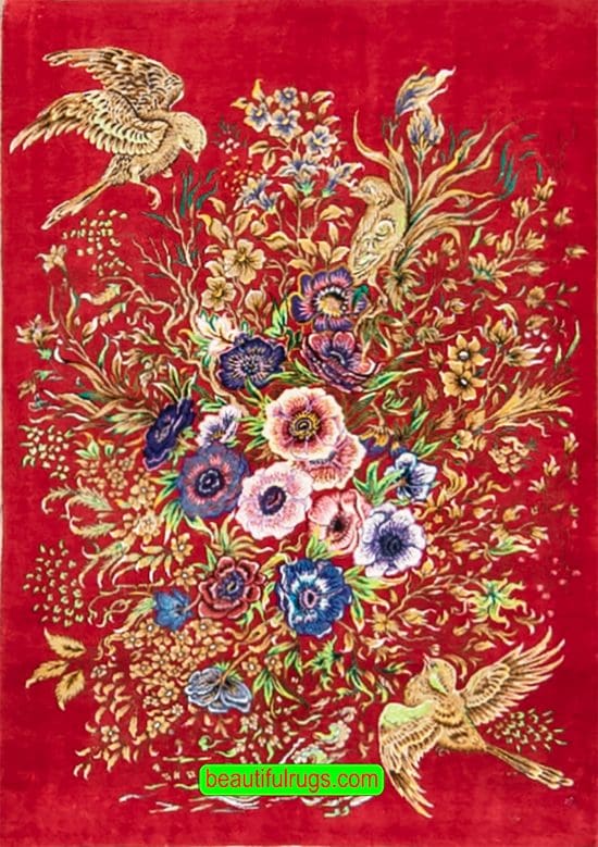 Red color pure silk Persian Qum rug with birds and flowers. Size 2x3