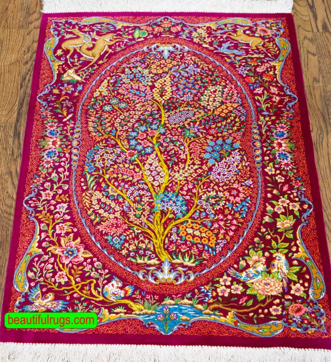 Handmade Persian Qum pure silk rug in red color with tree of life, birds and deer. Size 2x3
