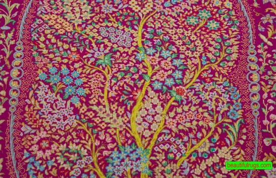 Handmade Persian Qum pure silk rug in red color with tree of life, birds and deer. Size 2x3