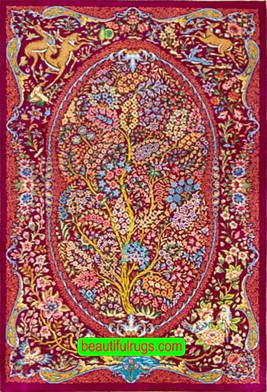 Handmade Persian Qum pure silk rug in red color with tree of life, birds and deer. Size 2x3