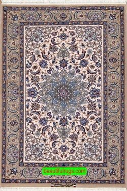 Handmade Persian Isfahan wool and silk rug in beige and blue color. Size 2.10x4.2.