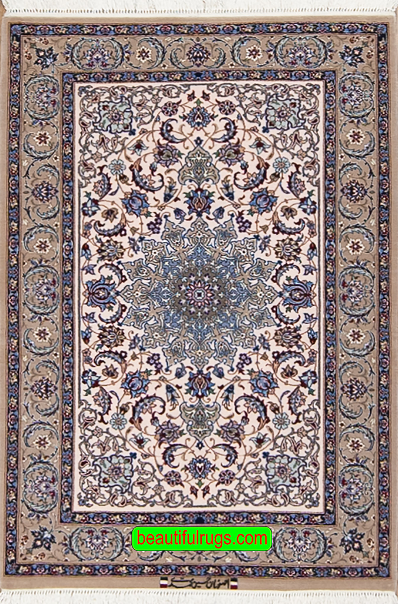 Handmade Persian Isfahan wool and silk rug in beige and blue color. Size 2.10x4.2.