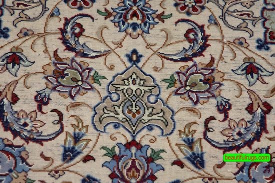 Handmade Persian Isfahan wool and silk rug in beige and blue color. Size 2.10x4.2.