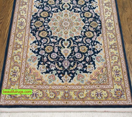 Teal rug, Persian Isfahan rug wool and silk, natural dye. Size 2.10x4.4.