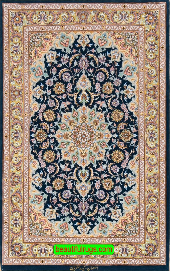 Teal rug, Persian Isfahan rug wool and silk, natural dye. Size 2.10x4.4.