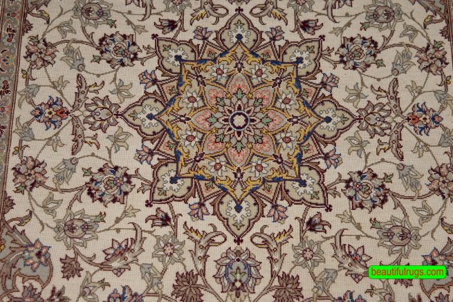 Handmade Persian Isfahan silk and wool rug in beige and earth tone colors. Size 2.9x4.6.