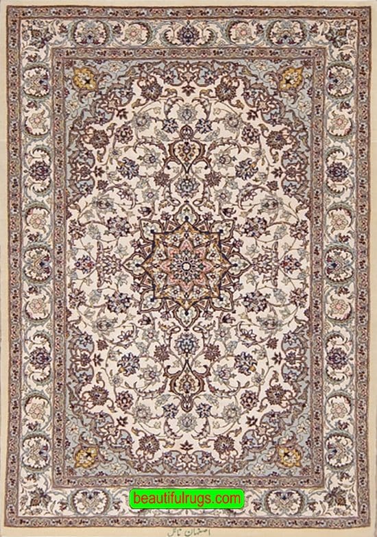 Handmade Persian Isfahan silk and wool rug in beige and earth tone colors. Size 2.9x4.6.