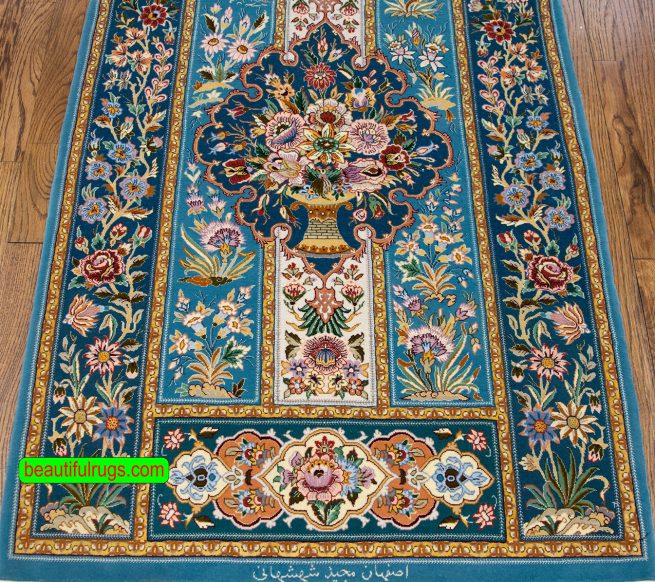 Handmade Persian area rug with blue colors kork wool and silk. Size 3x4.10.