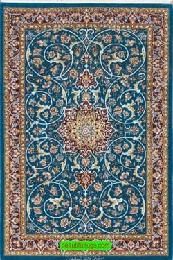 Handmade Persian Isfahan kork wool and silk rug in blue color. Size 3x4.5.