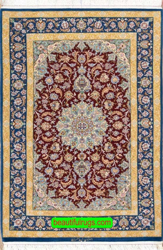 Colorful vegetable dyed Persian Isfahan rug, kork wool and silk rug. Size 3.6x5.4.