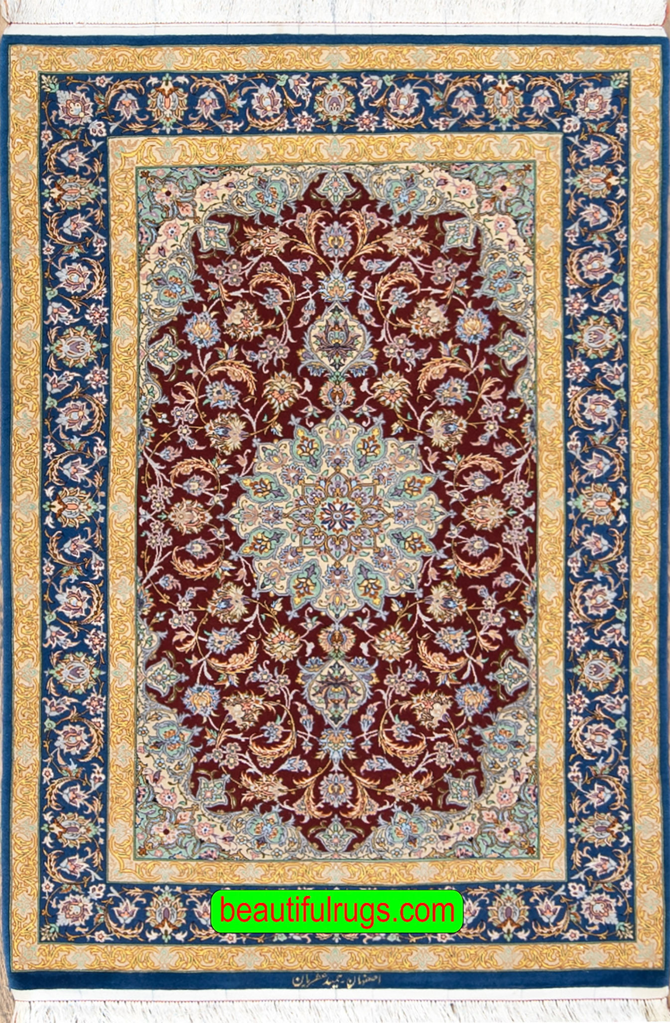 Colorful vegetable dyed Persian Isfahan rug, kork wool and silk rug. Size 3.6x5.4.