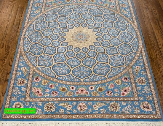 Persian Isfahan rug in Mandala design with blue and gold colors. Size 3.8x5.5.