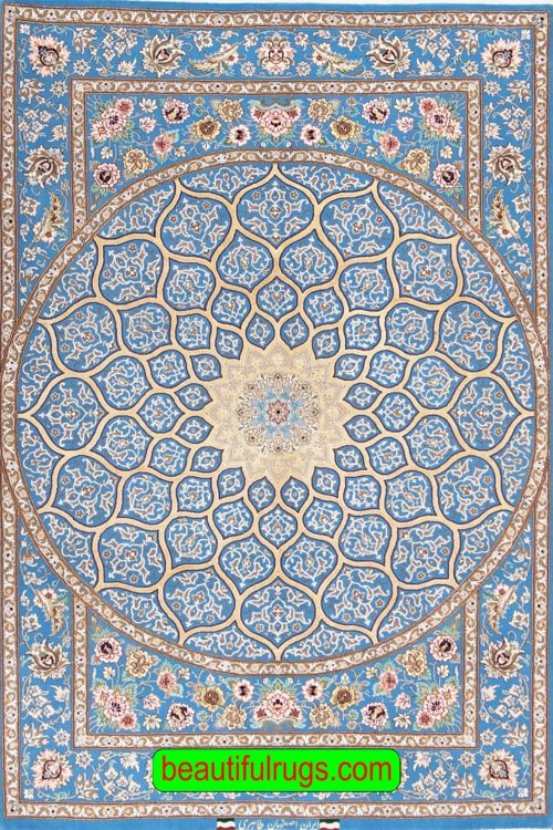 Persian Isfahan rug in Mandala design with blue and gold colors. Size 3.8x5.5.