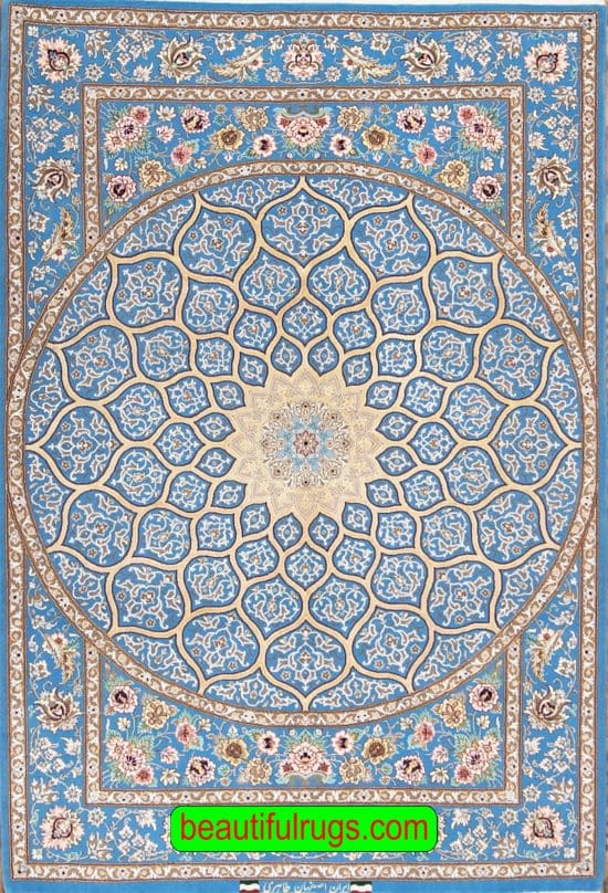 Persian Isfahan rug in Mandala design with blue and gold colors. Size 3.8x5.5.