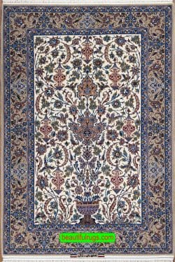 High quality Persian Isfahan rug, Kork wool and silk rug in beige color. Size 3.9x4.6.