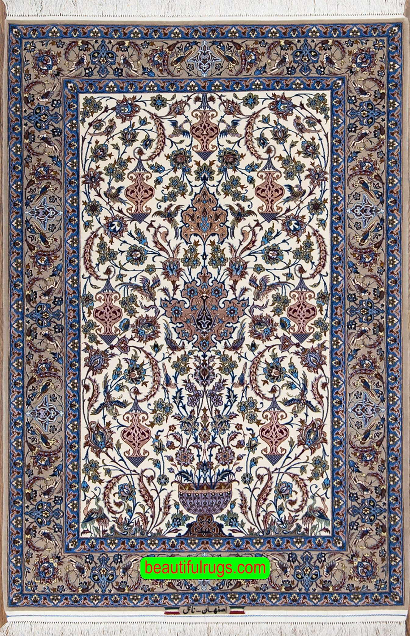 High quality Persian Isfahan rug, Kork wool and silk rug in beige color. Size 3.9x4.6.