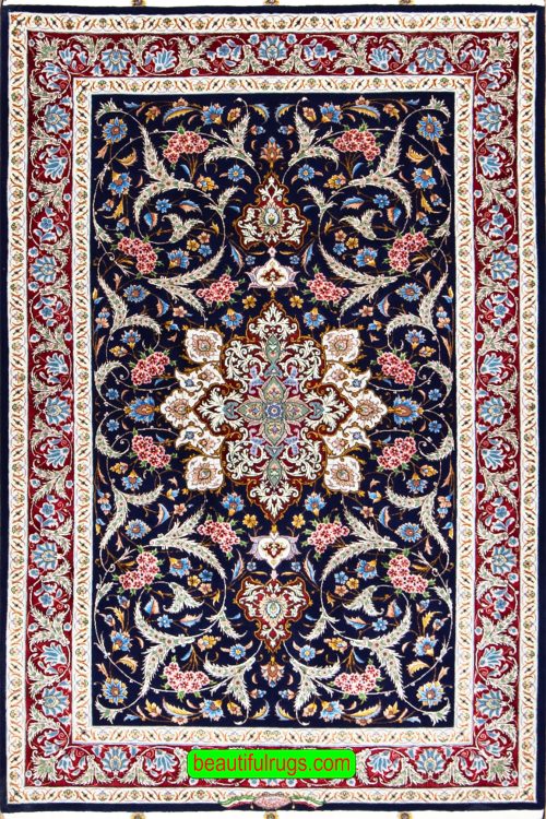 Gorgeous colorful Persian Tabriz silk wool rug, navy blue background. Size 3.10x6.1.
