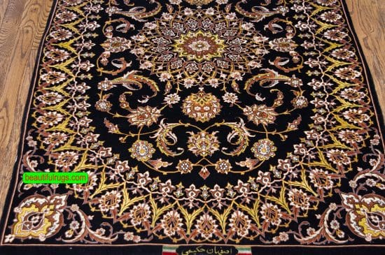 Handmade Persian Isfahan kork wool and silk area rug with black and gold. Size 3.3x5.