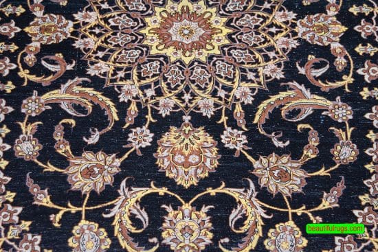 Handmade Persian Isfahan kork wool and silk area rug with black and gold. Size 3.3x5.