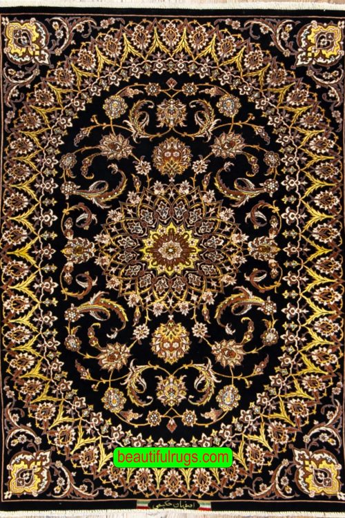 Handmade Persian Isfahan kork wool and silk area rug with black and gold. Size 3.3x5.