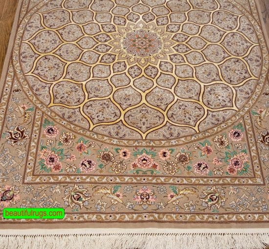 Mandala design rug. Persian Isfahan wool and silk rug with beige and gold colors. Size 3.10x5.7.