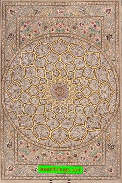 Mandala design rug. Persian Isfahan wool and silk rug with beige and gold colors. Size 3.10x5.7.