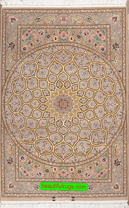 Mandala design rug. Persian Isfahan wool and silk rug with beige and gold colors. Size 3.10x5.7.