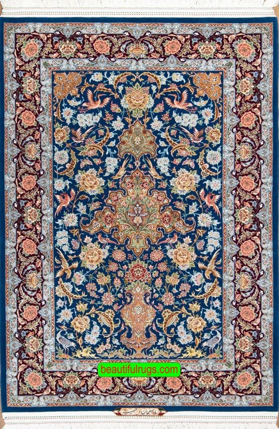 Handmade Persian Isfahan rug in blue color, natural dye, kork wool and silk. Size 4x6.