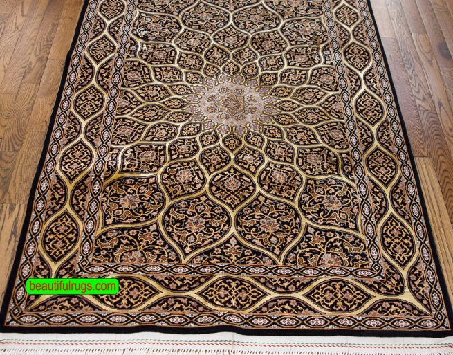 Mandala design handmade Persian Isfahan rug in black and gold colors. Size 3.5x5.4.