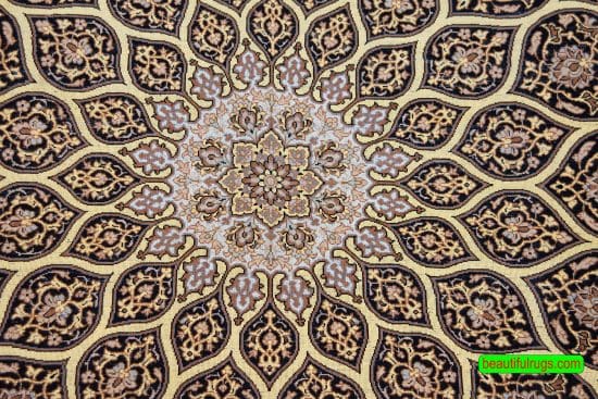 Mandala design handmade Persian Isfahan rug in black and gold colors. Size 3.5x5.4.