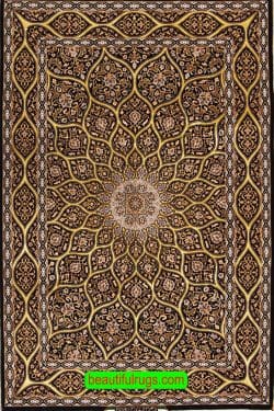 Mandala design handmade Persian Isfahan rug in black and gold colors. Size 3.5x5.4.