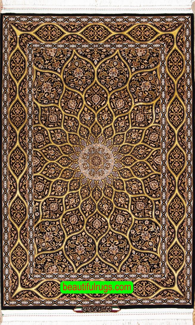 Mandala design handmade Persian Isfahan rug in black and gold colors. Size 3.5x5.4.