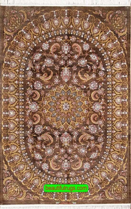 Handmade brown Persian silk rug with brown and gold colors. Size 4.4x6.9.