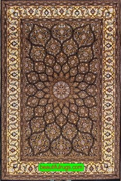 Handmade Persian Isfahan kork wool and silk in black and gold colors, mandala design. Size 4.3x6.7.