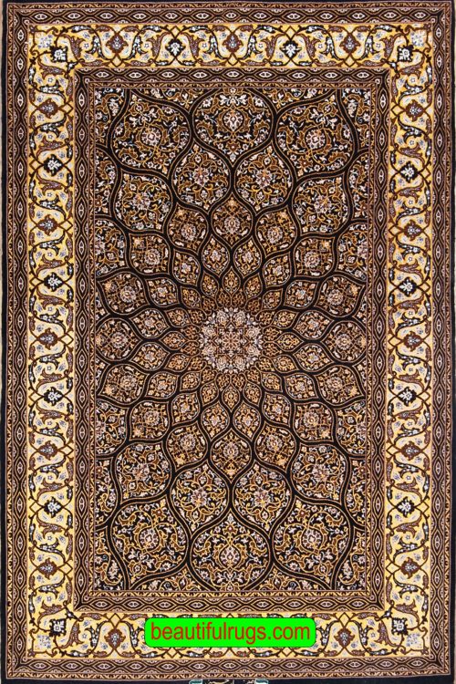 Handmade Persian Isfahan kork wool and silk in black and gold colors, mandala design. Size 4.3x6.7.