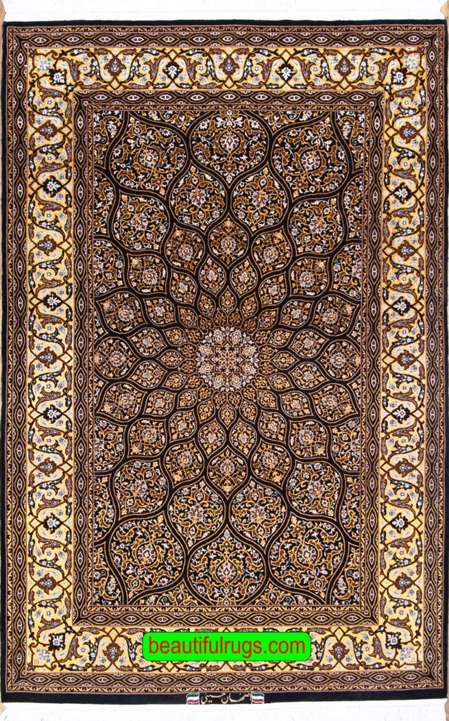 Handmade Persian Isfahan kork wool and silk in black and gold colors, mandala design. Size 4.3x6.7.
