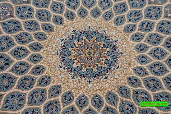 Handmade Persian Isfahan rug, blue mandala rug, kork wool and silk. Size 5.2x7.6.