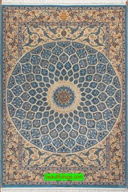 Handmade Persian Isfahan rug, blue mandala rug, kork wool and silk. Size 5.2x7.6.