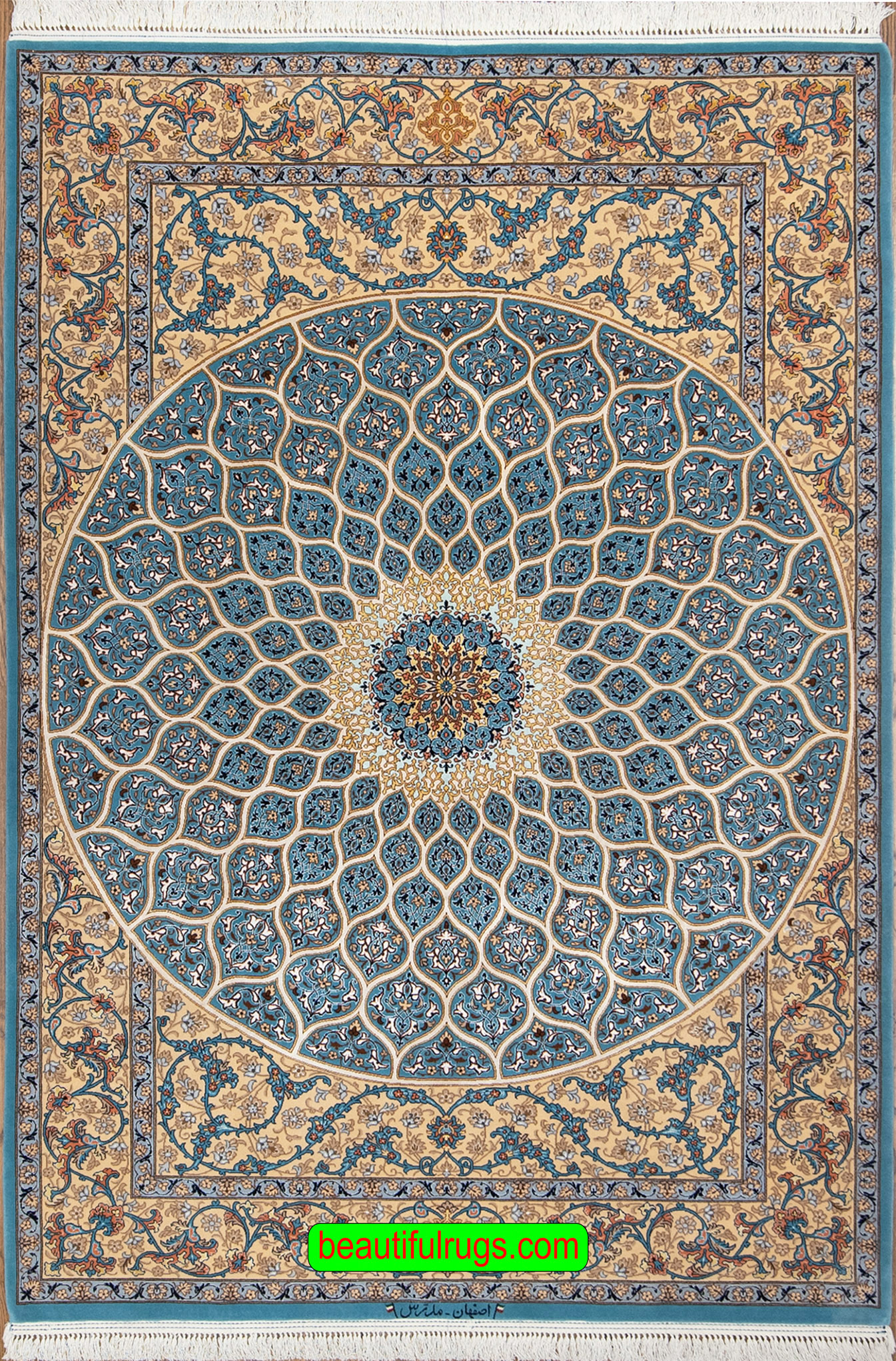 Handmade Persian Isfahan rug, blue mandala rug, kork wool and silk. Size 5.2x7.6.