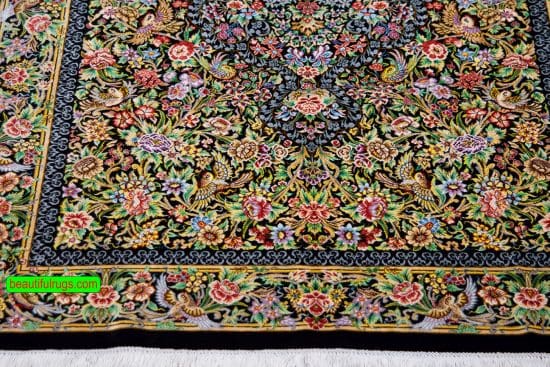 Handmade pure silk Persian Qum rug in black and green color. Size 3.5x5.