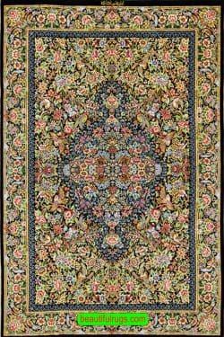 Handmade pure silk Persian Qum rug in black and green color. Size 3.5x5.