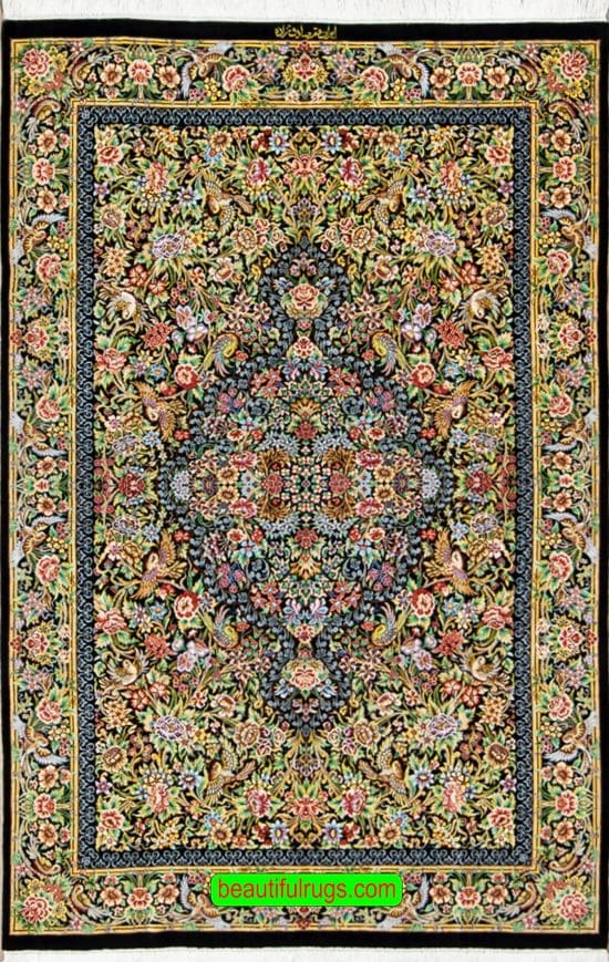 Handmade pure silk Persian Qum rug in black and green color. Size 3.5x5.