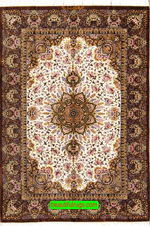 Top quality handmade Persian Qum pure silk rug in brown and beige. Size 3.7x2.