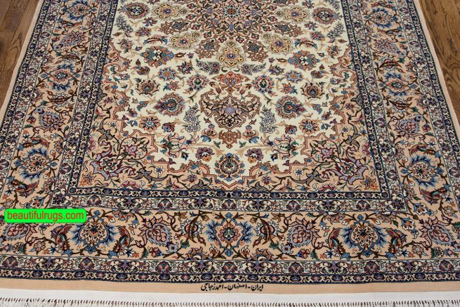 High quality handmade natural dye Persian Isfahan rug in beige and earth tone colors. Size 4.10x7.2.